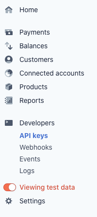 Stripe developer API keys sidebar