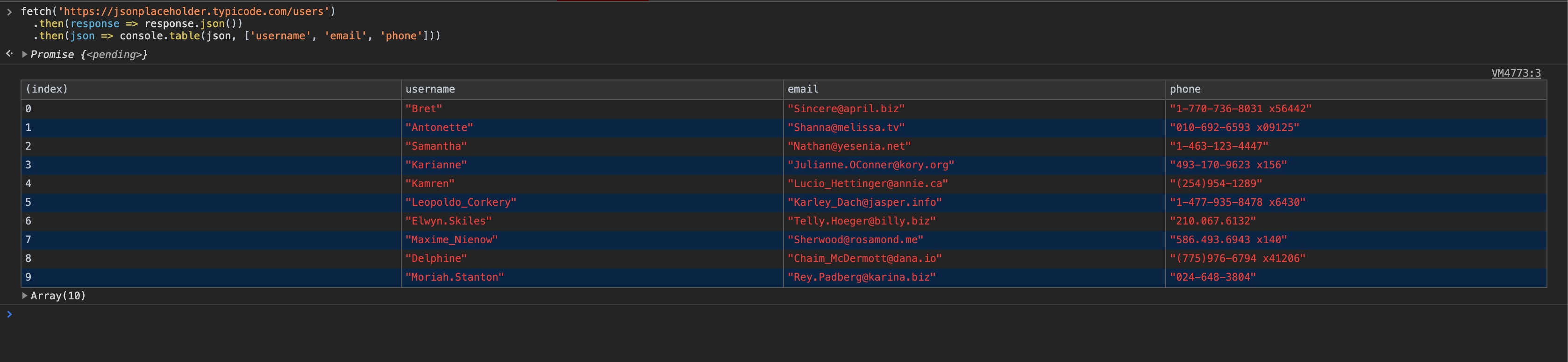 Users as table response with specific data