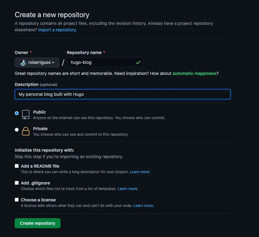 GitHub create repo screen