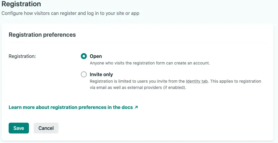 Netlify Registration Preferences Open